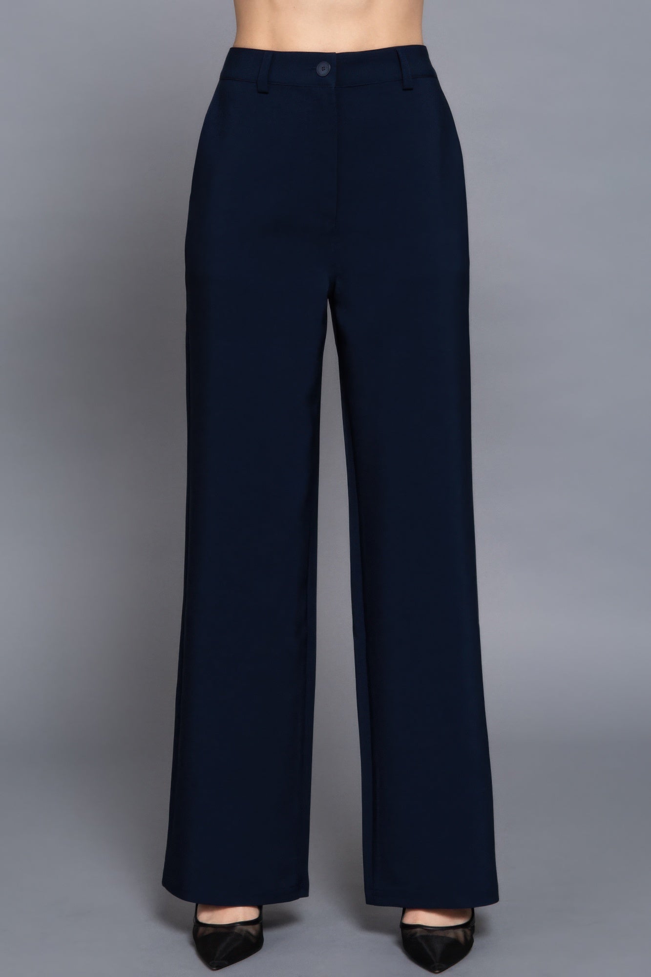 Navy straight long woven pants with elastic-back waist and button front