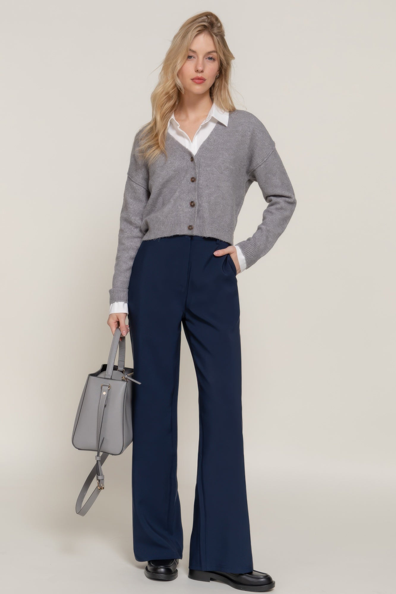 Navy straight wide-leg long pants with elastic waistband and side pockets