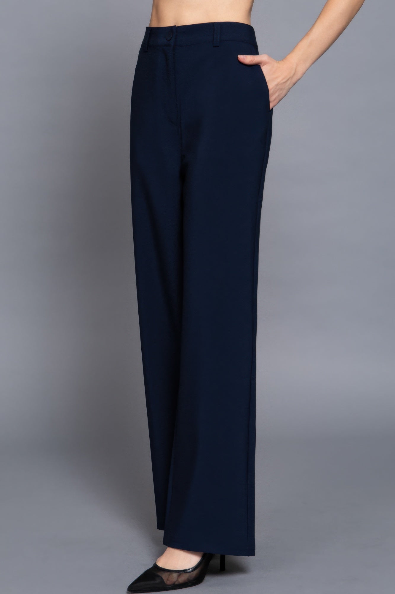 Navy straight long woven pants with elastic waist and clean ankle-length hem