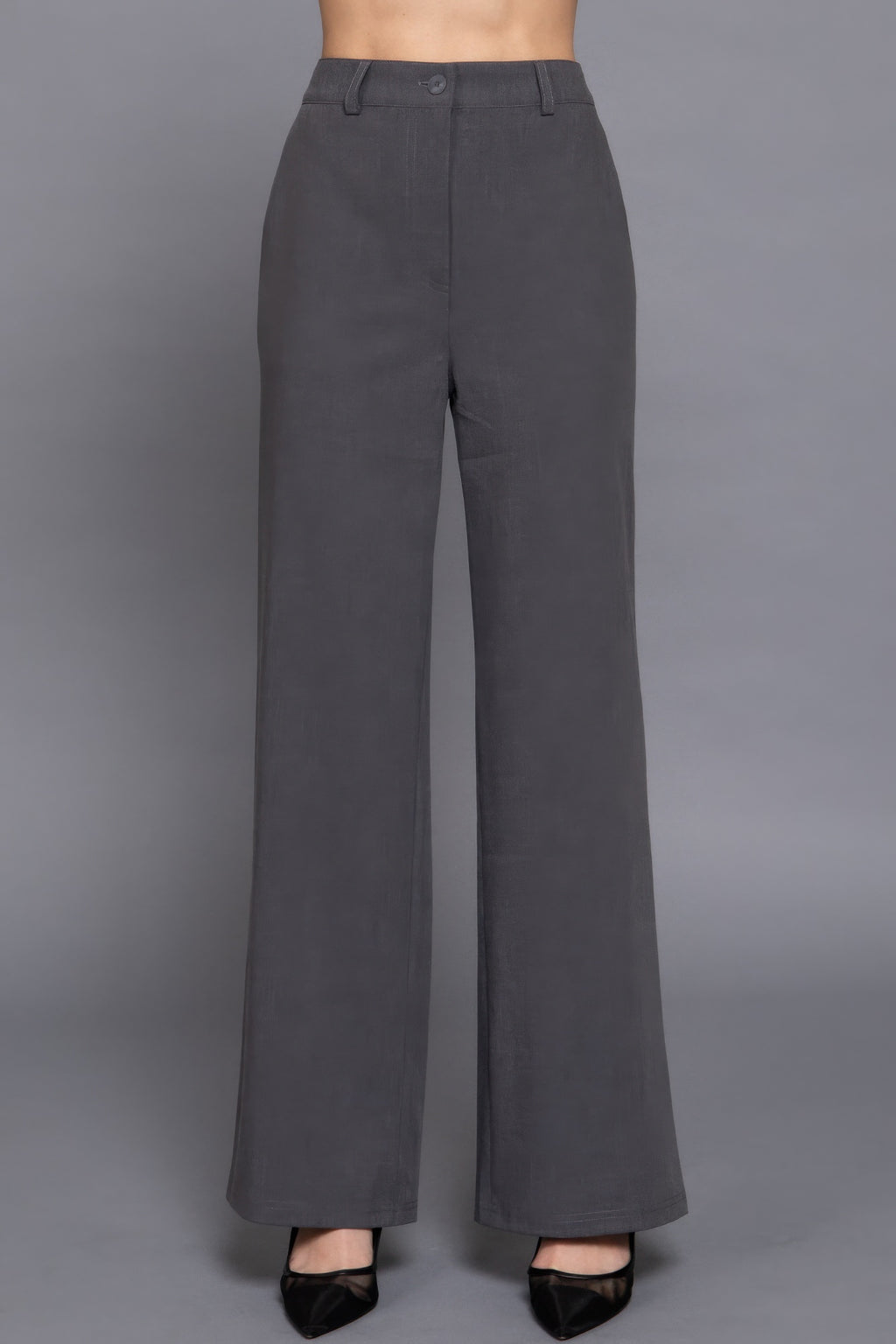 Dark gray straight long woven pants with belt loops and front button placket