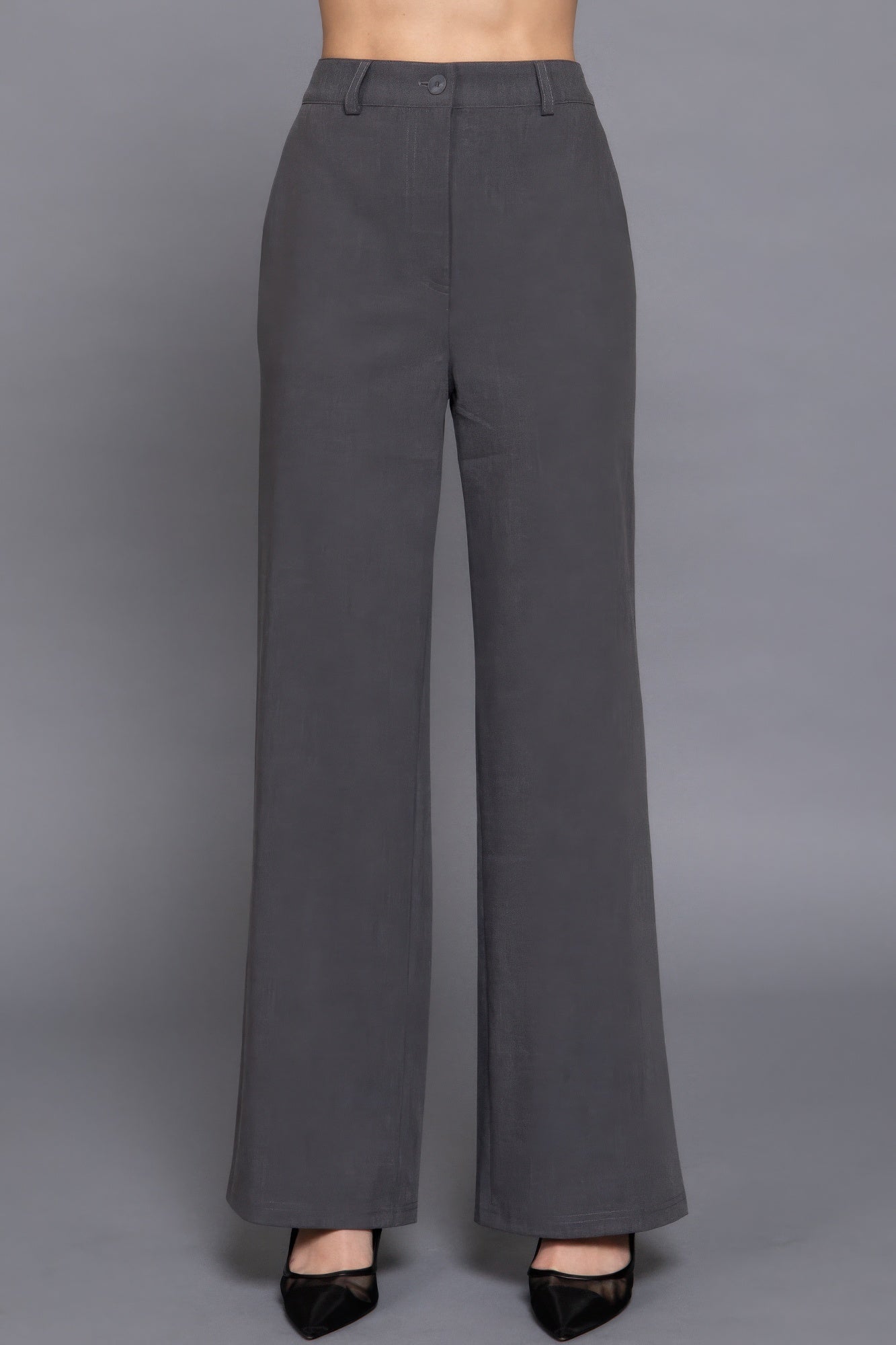 Dark gray straight long woven pants with belt loops and front button placket