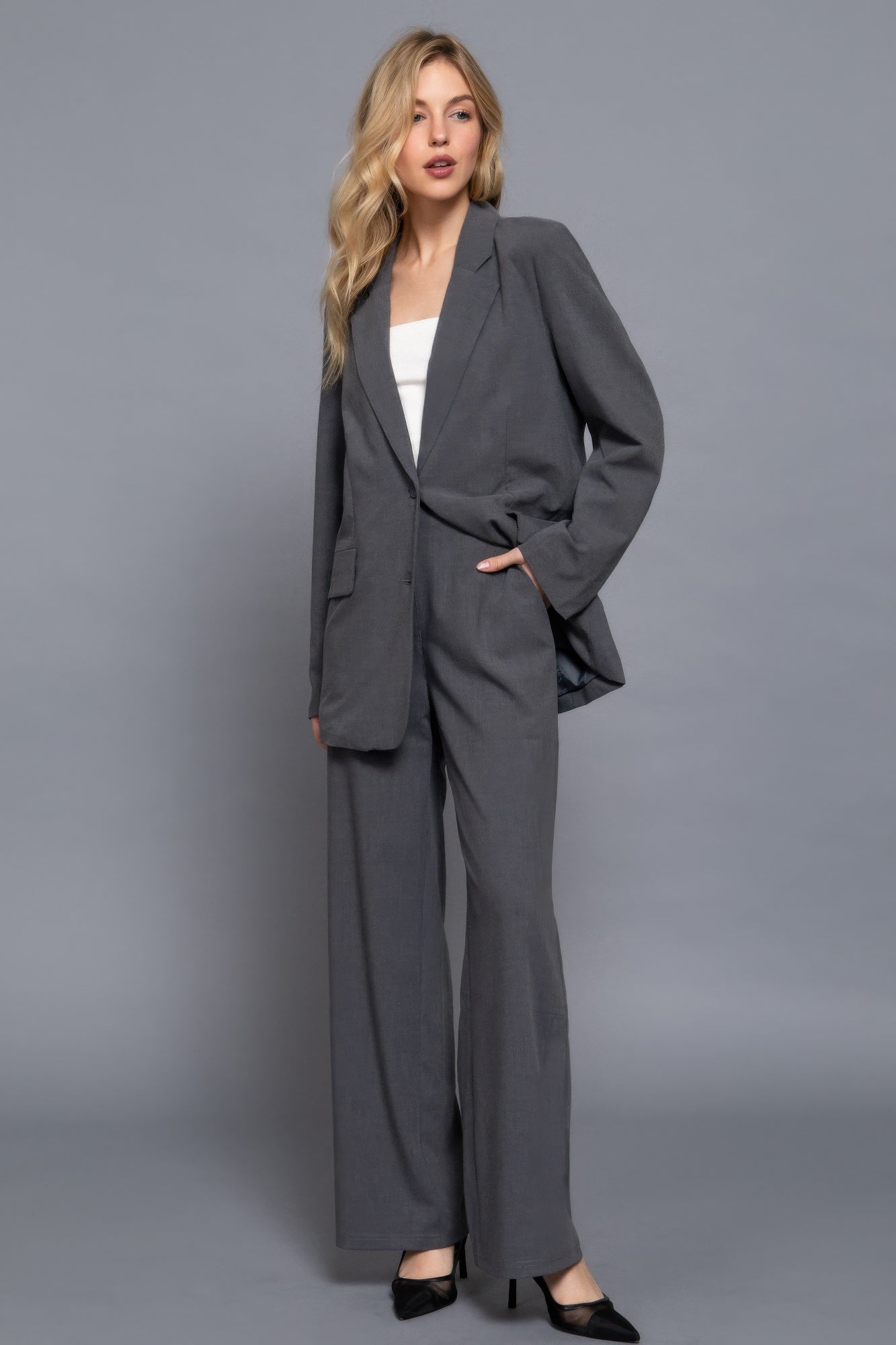 Dark gray straight long woven pants with wide leg and front pockets