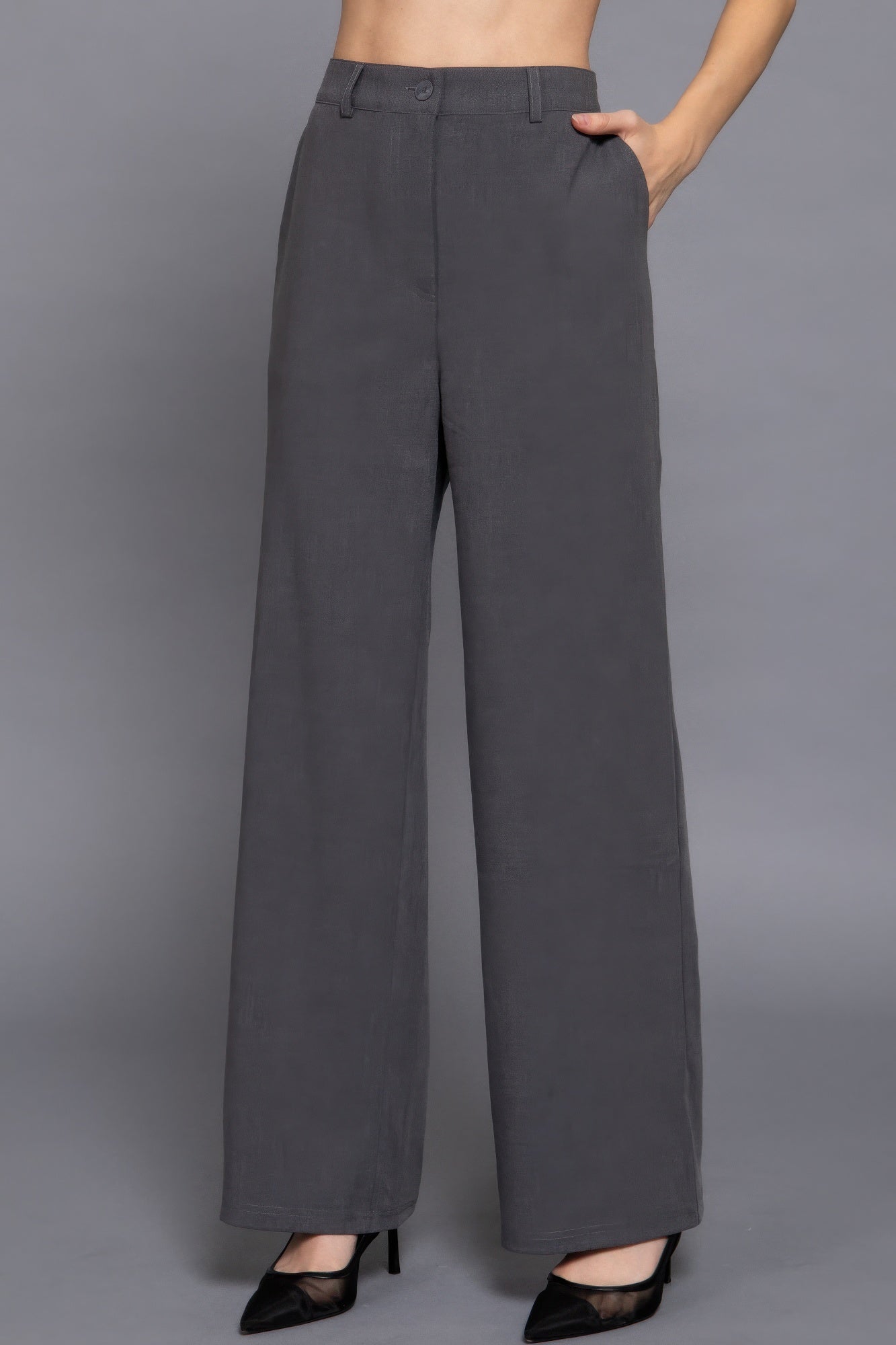 Dark gray straight long woven pants with belt loops and wide-leg silhouette