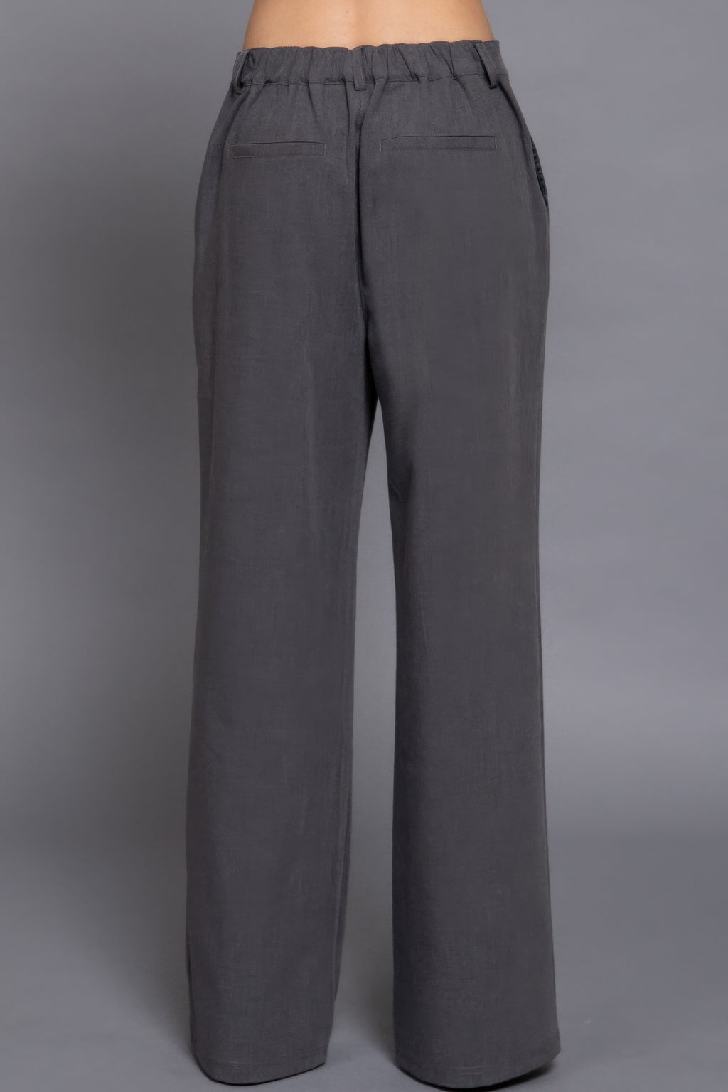 Dark gray elastic-back straight woven long pants with roomy relaxed fit