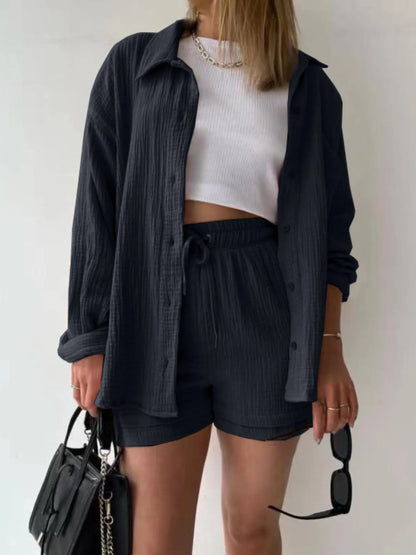 Textured Button Up Shirt and Shorts Set - Tigbul's Variety Fashion Shop
