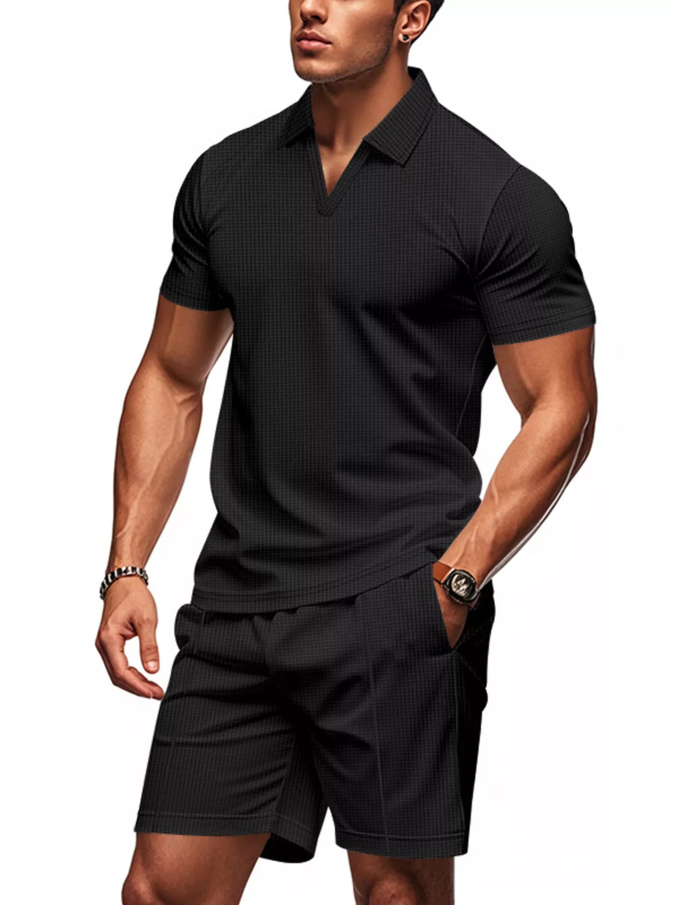 Men's Full Size Textured Short Sleeve Polo and Shorts Set Plus Size - Tigbul's Variety Fashion Shop