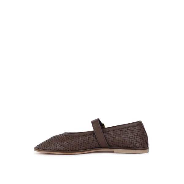 Brown woven leather ballerina with side strap and low flat sole