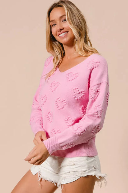 BiBi Valentines Heart Pompom V Neck Knit Top - Tigbul's Variety Fashion Shop
