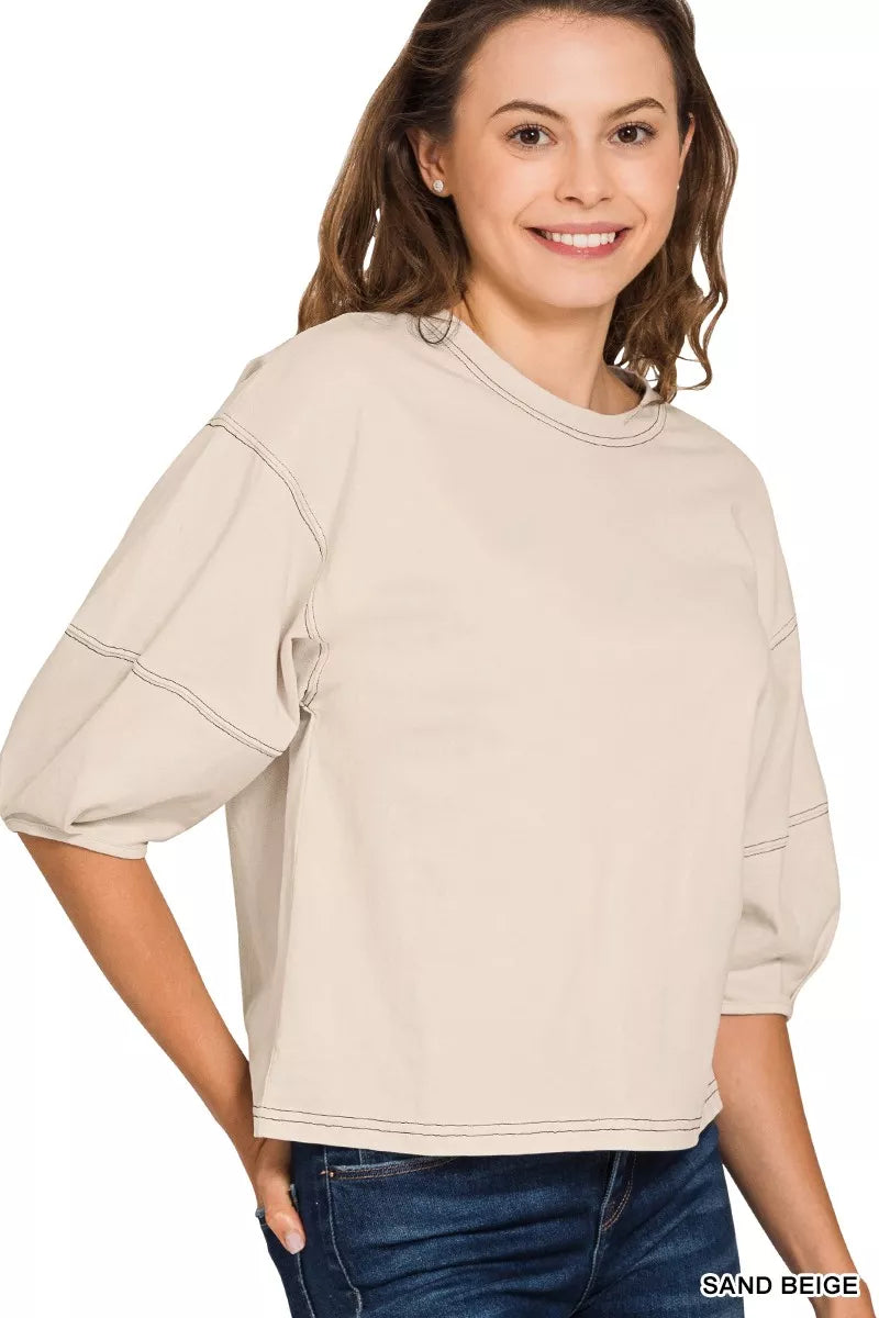 Balloon Sleeve Beige Top with Contrast Stitching - Tigbul's Variety Fashion Shop
