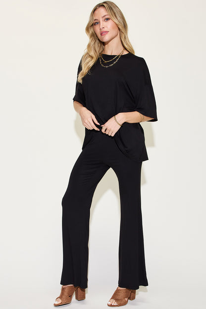 Bamboo Drop Shoulder T-Shirt and Flare Pants Set - Tigbul's Variety Fashion Shop