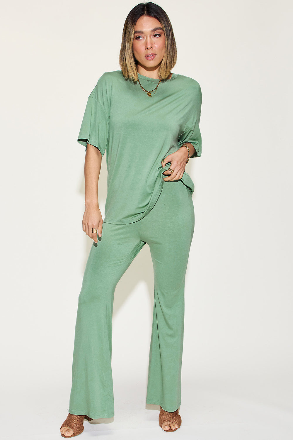 Bamboo Drop Shoulder T-Shirt and Flare Pants Set - Tigbul's Variety Fashion Shop