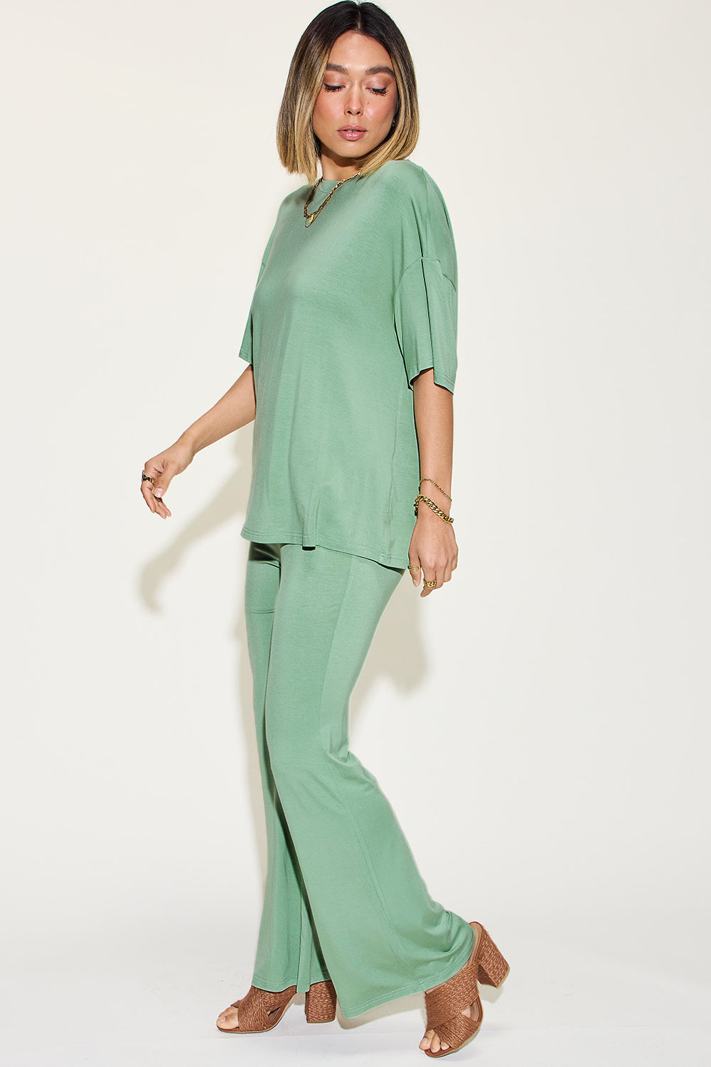 Bamboo Drop Shoulder T-Shirt and Flare Pants Set - Tigbul's Variety Fashion Shop