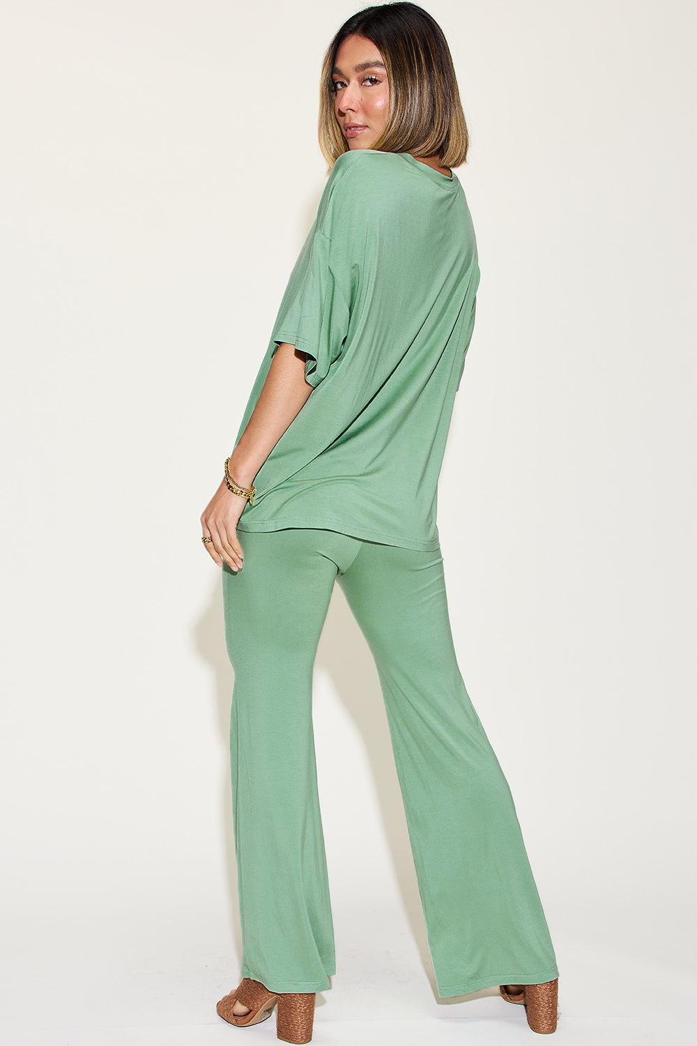 Bamboo Drop Shoulder T-Shirt and Flare Pants Set - Tigbul's Variety Fashion Shop