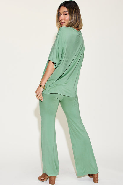 Bamboo Drop Shoulder T-Shirt and Flare Pants Set - Tigbul's Variety Fashion Shop