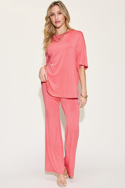 Bamboo Drop Shoulder T-Shirt and Flare Pants Set - Tigbul's Variety Fashion Shop