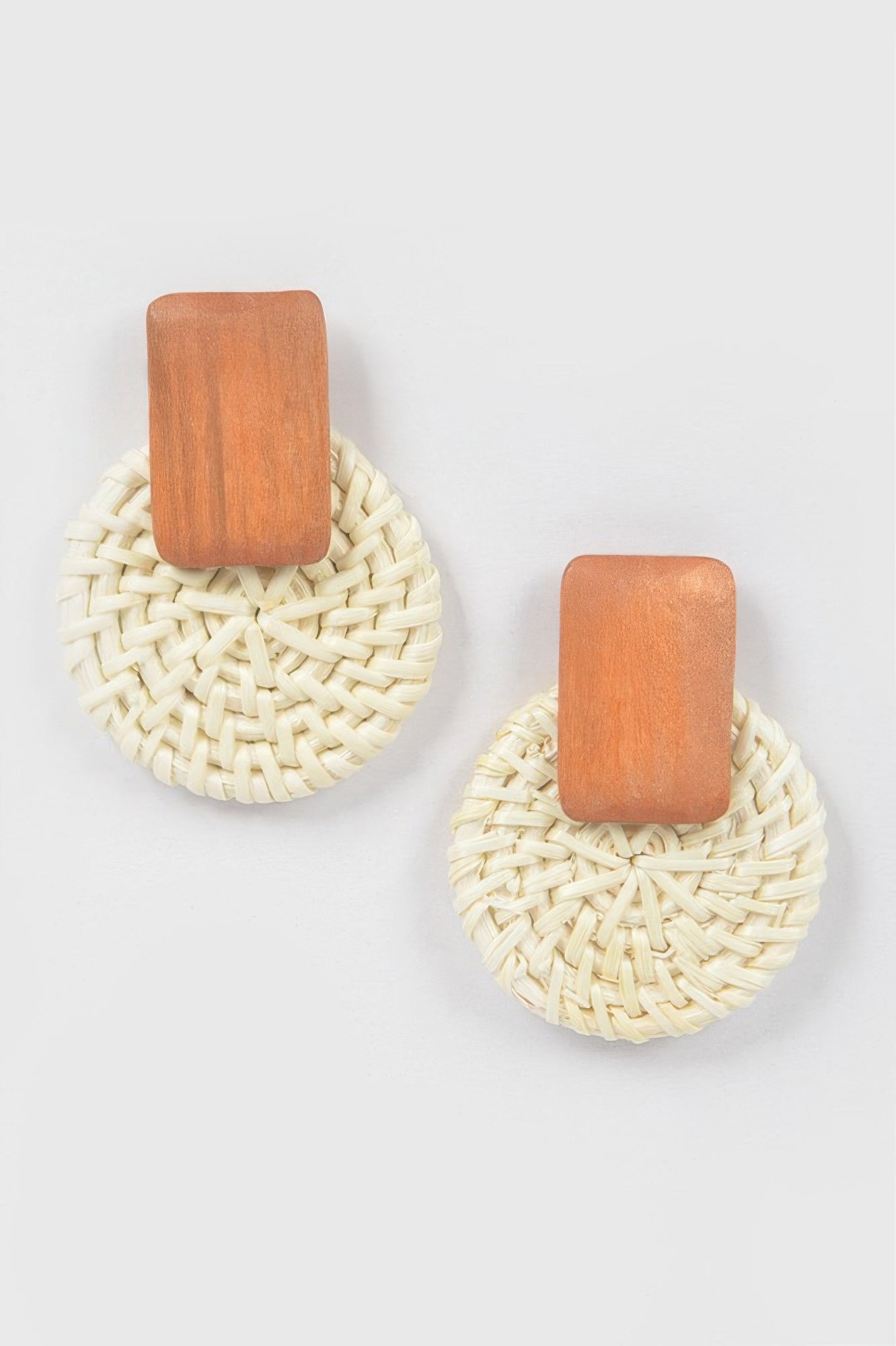 Ivory bamboo earring with square wooden top and woven teardrop drop