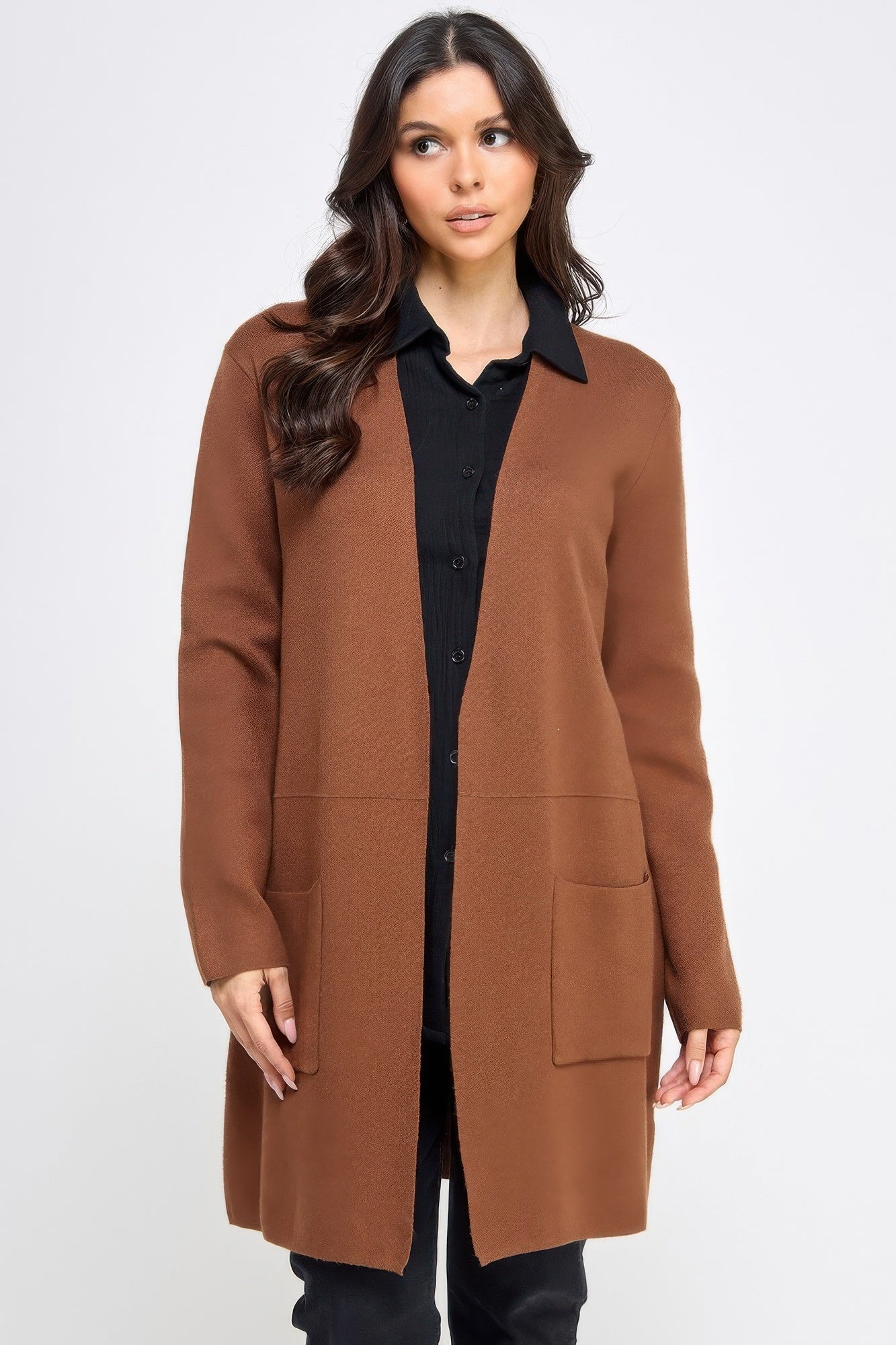 Basic longline open-front cardigan, brown with black button placket and patch pockets