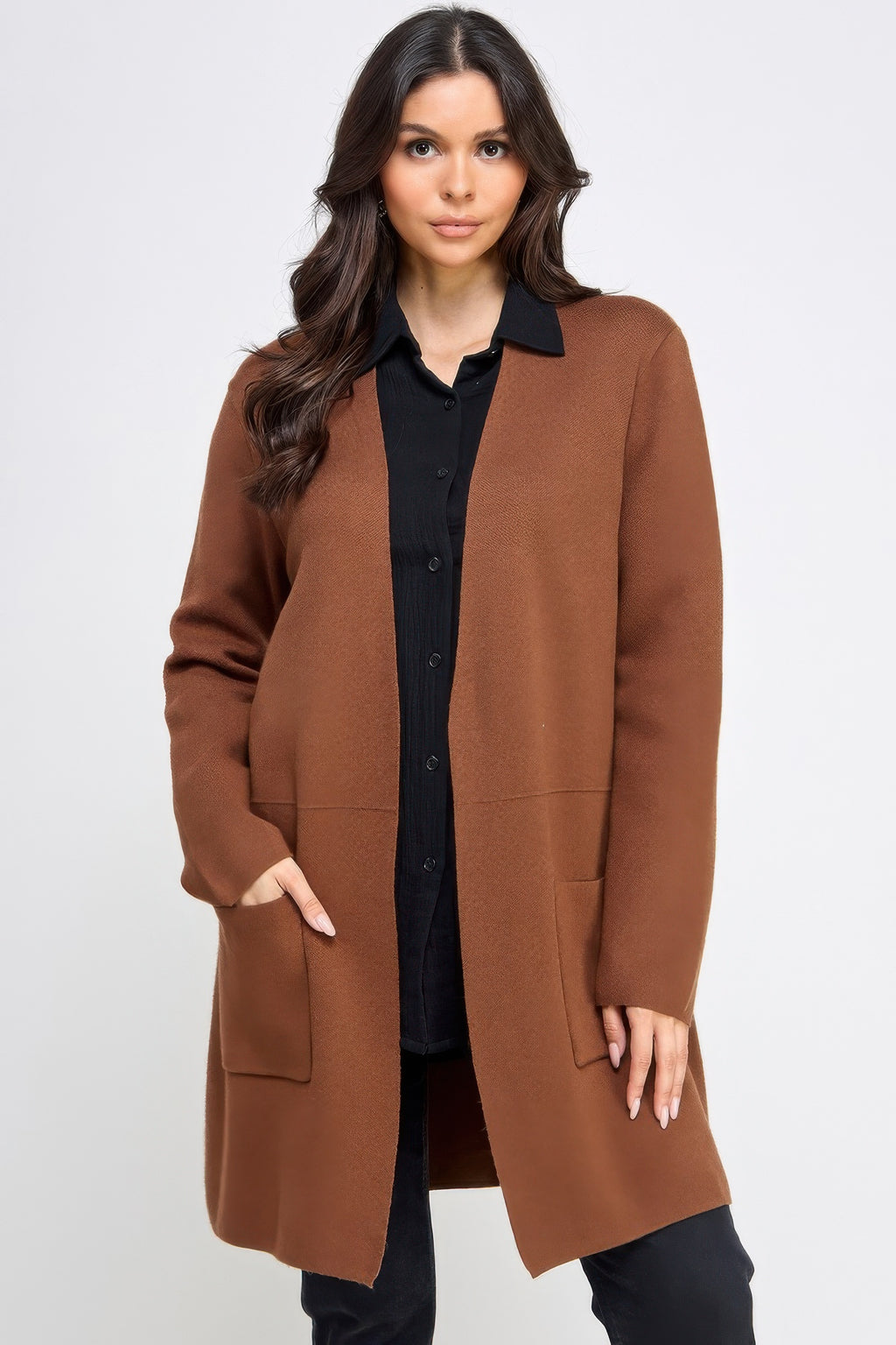 Longline open cardigan in brown with black collar, button front, and side patch pockets