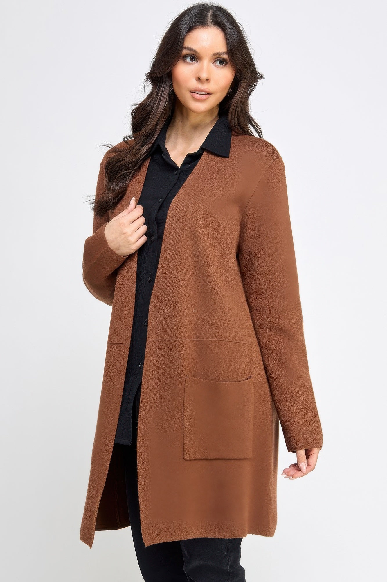 Brown longline cardigan with open front, black collar, and chest-to-patch pocket details