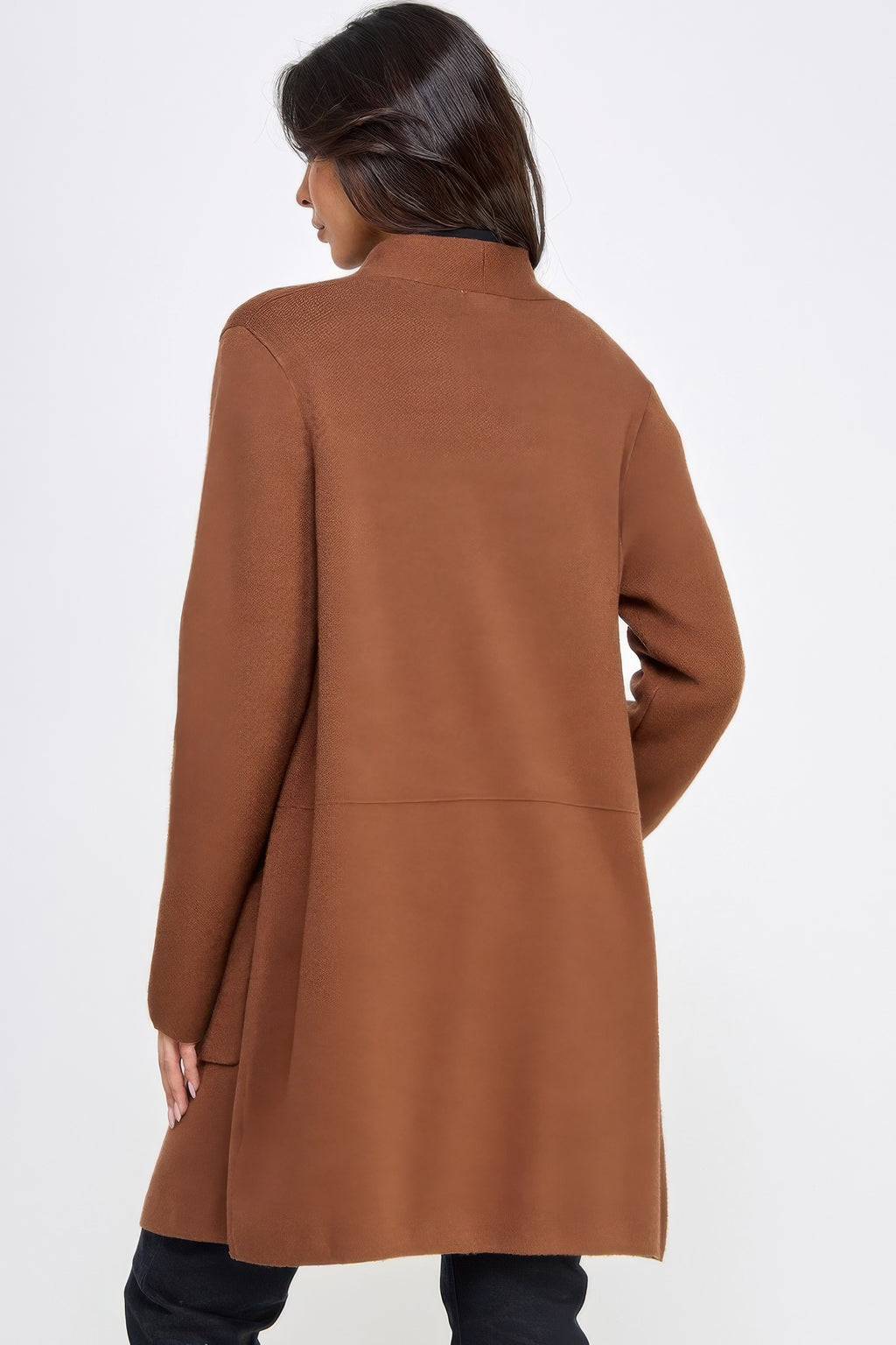 Back view of longline open-front cardigan in brown with smooth seams and button-free back