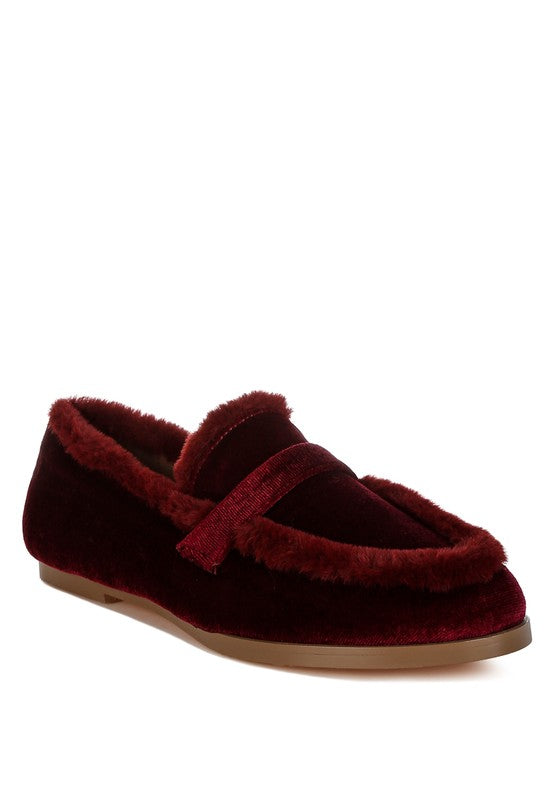 Burgundy velvet loafers with faux-fur trim and bow detail