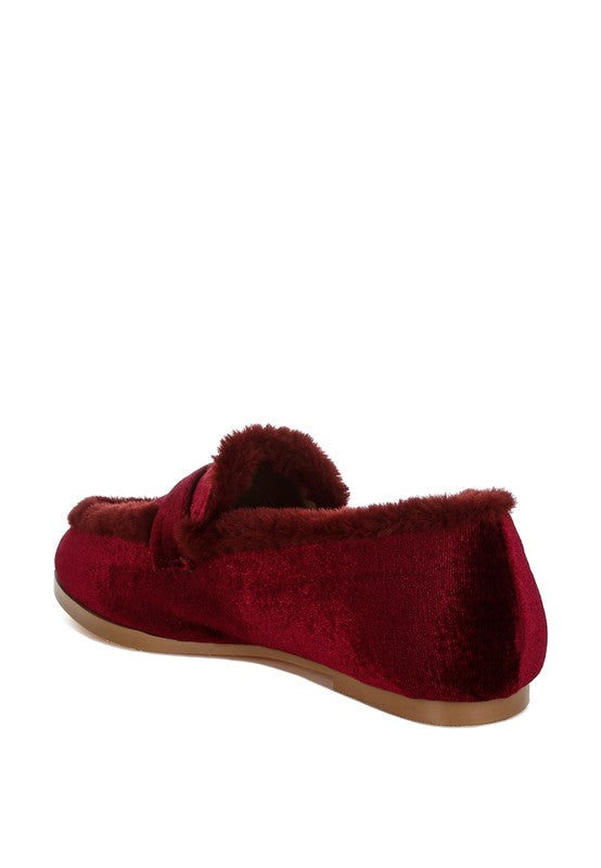Burgundy velvet loafer, side view with slip-on collar and faux-fur trim