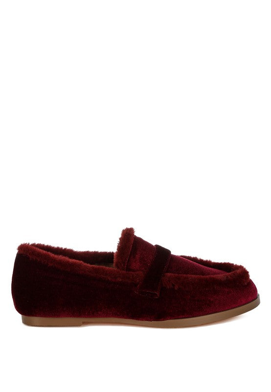 Burgundy velvet loafers with faux-fur top trim and low-profile sole