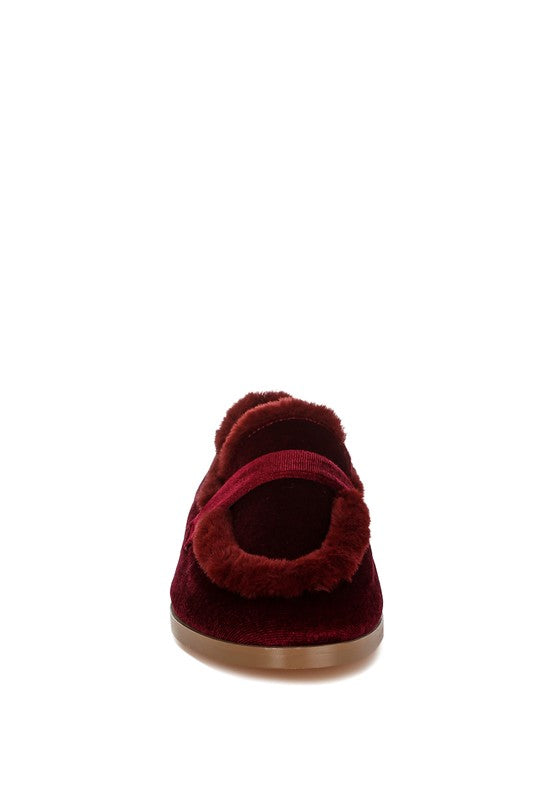 Burgundy velvet loafer with faux-fur lining and slip-on back opening