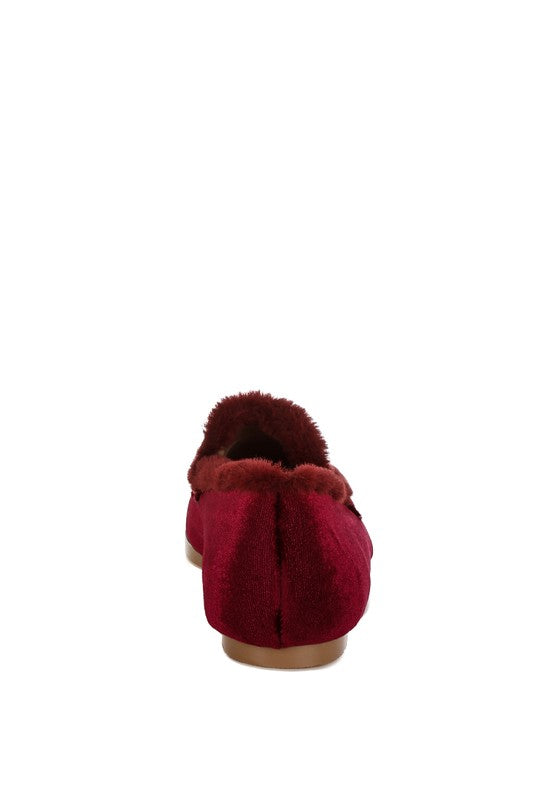 Burgundy velvet loafers, heel view with faux-fur trim and tan sole