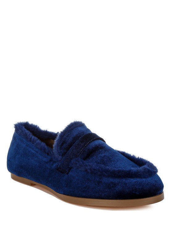 Blue velvet loafers with faux-fur trim and bow detail