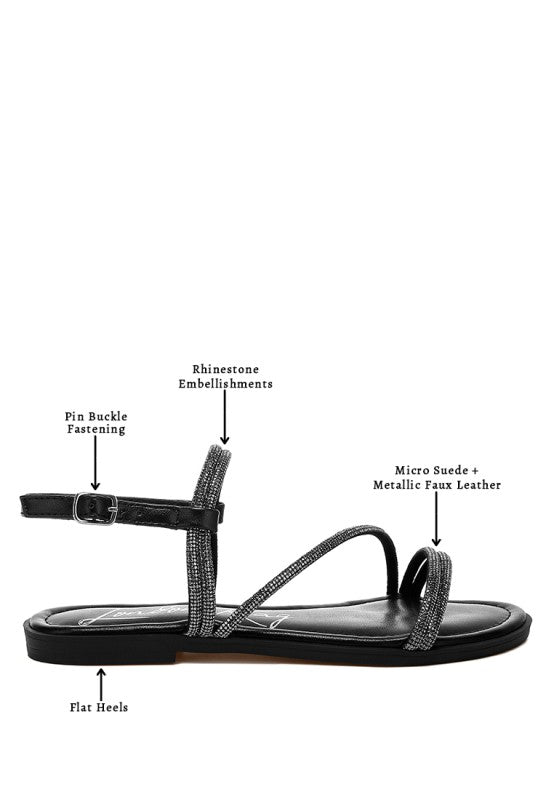 Black rhinestone strappy flat sandals with pin buckle ankle strap