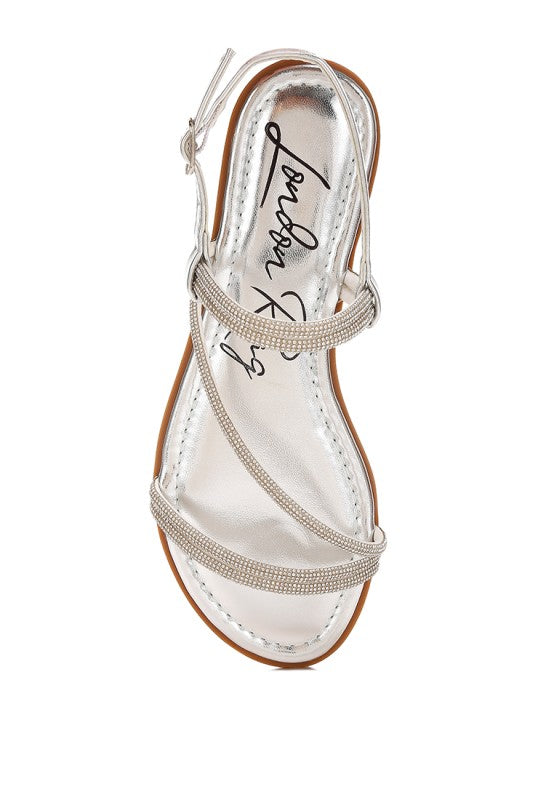 Silver metallic rhinestone sandals with ankle strap and side buckle closure