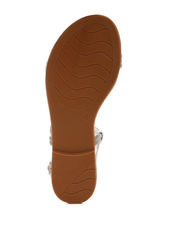 Brown underside of a flat sandal sole with traction texture and size mark