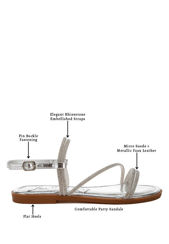 Silver rhinestone strappy flat sandals with pin buckle ankle strap