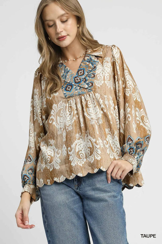 Umgee Floral Boho Blouse with Scalloped Hem - Tigbul's Variety Fashion Shop