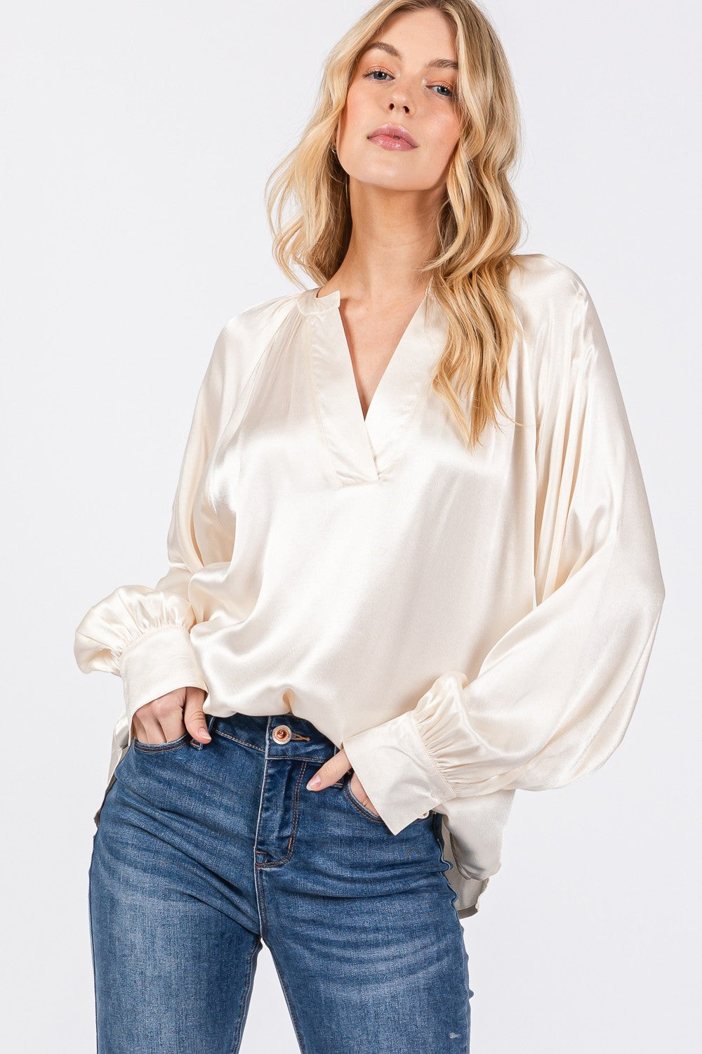 SAGE + FIG Notched Long Sleeve Blouse - Tigbul's Variety Fashion Shop