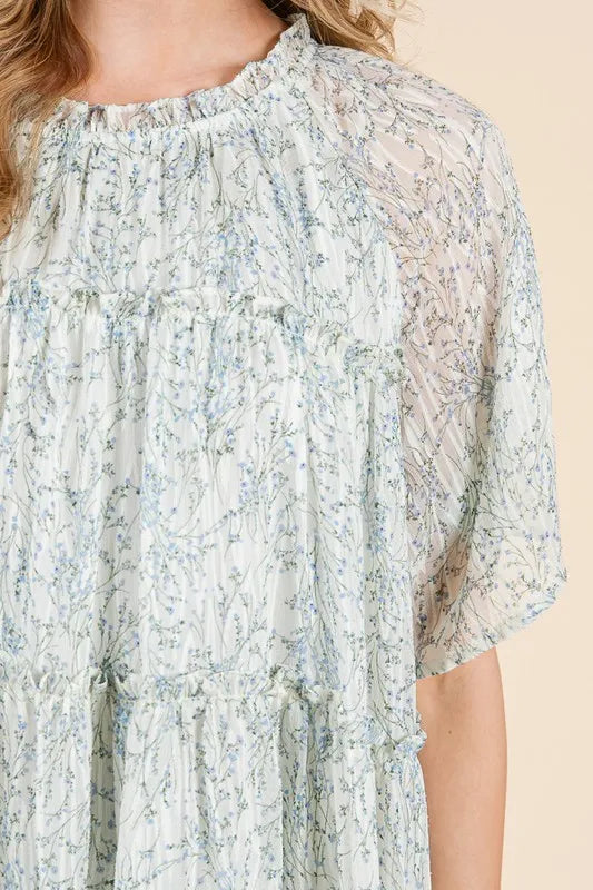 Lime 'N' Chili Ditsy Floral Print Sheer Ruffle Detail Mini Dress - Tigbul's Variety Fashion Shop