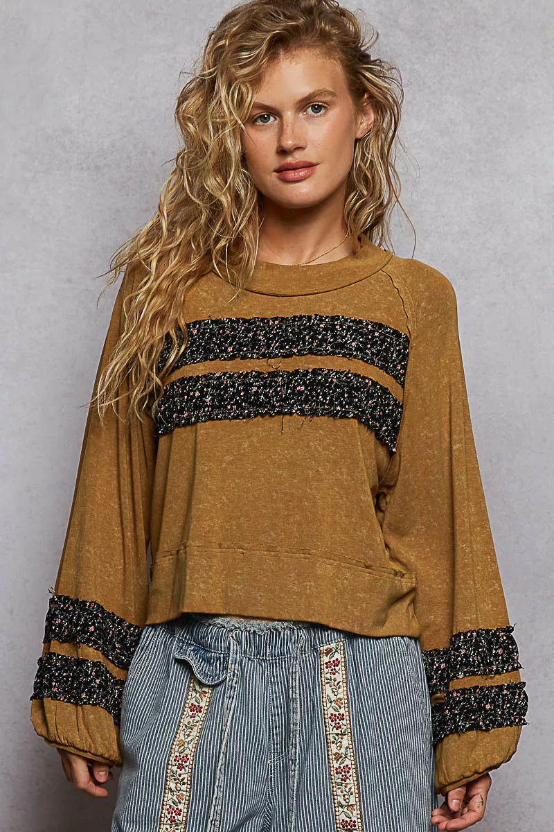 POL Print Patch Round Neck Balloon Sleeve Cropped Top - Tigbul's Variety Fashion Shop