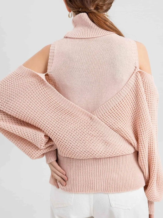Waffle Knit Cold Shoulder Turtleneck Sweater - Tigbul's Variety Fashion Shop
