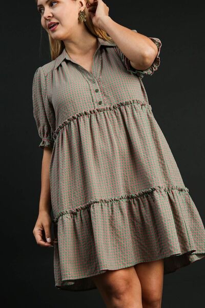 Green/Pink Plaid Frill Button Detail Ruffled Short Sleeve Dress - Tigbul's Variety Fashion Shop