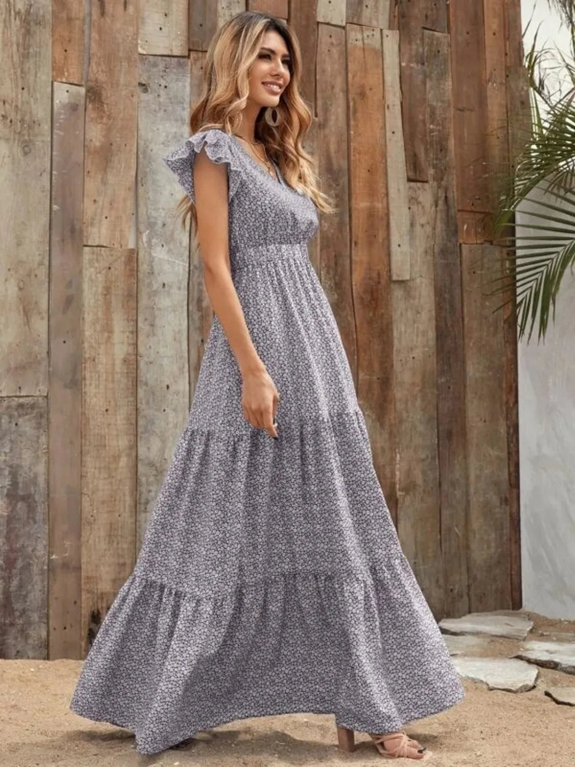 Printed V-Neck Ruffled Cap Sleeve Maxi Dress - Tigbul's Variety Fashion Shop