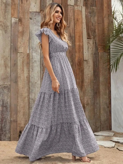 Printed V-Neck Ruffled Cap Sleeve Maxi Dress - Tigbul's Variety Fashion Shop