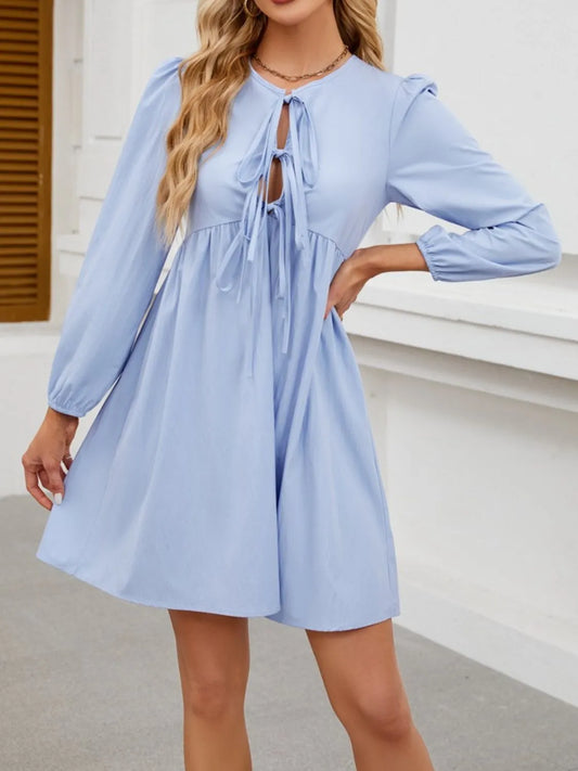 Tie Front Long Sleeve Mini Dress - Tigbul's Variety Fashion Shop