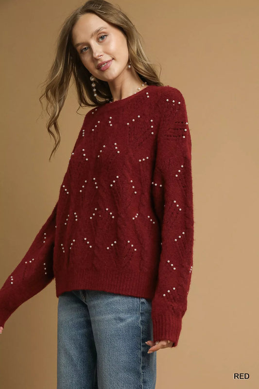 Umgee Pearl-Embellished Long Sleeve Sweater - Tigbul's Variety Fashion Shop