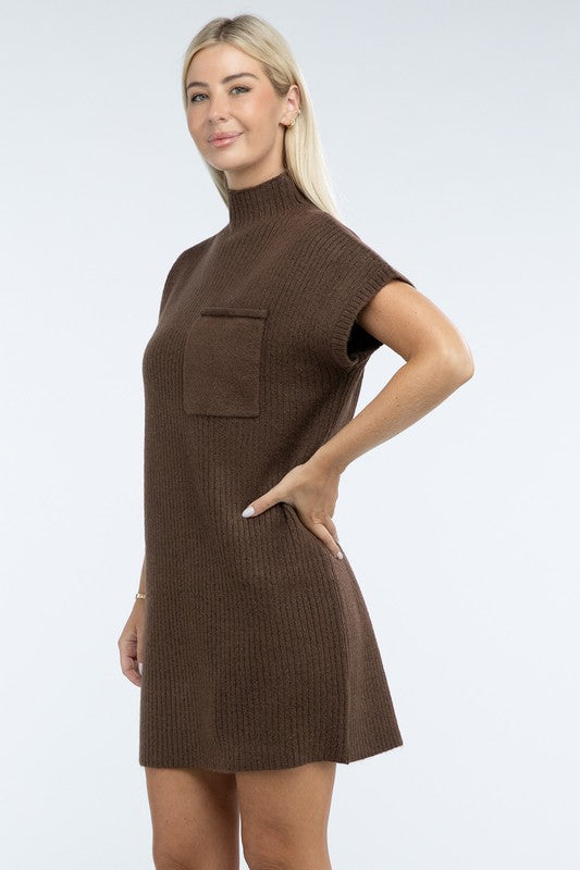 Mock Neck Short Sleeve Sweater Dress with Pocket - Tigbul's Variety Fashion Shop