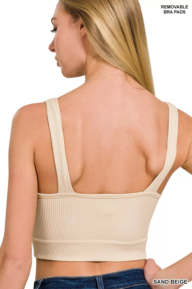 Sand beige back view seamless ribbed V-neck cropped bra tank