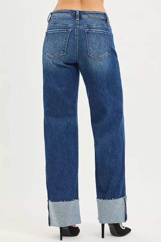 RISEN Mid Rise Wide Straight Jeans With Wide Cuff - Tigbul's Variety Fashion Shop