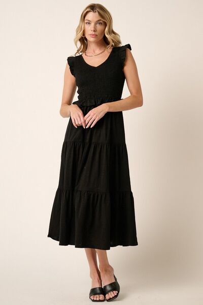 Black Smocked Ruffled Tiered Midi Dress - Tigbul's Variety Fashion Shop