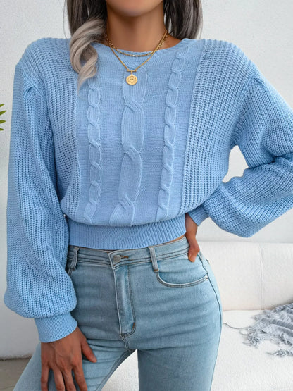 Cable Knit Round Neck Cropped Sweater - Tigbul's Variety Fashion Shop