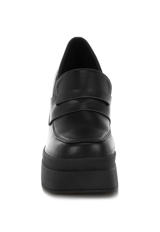 Black penny strap loafer front view with thick platform sole and square toe